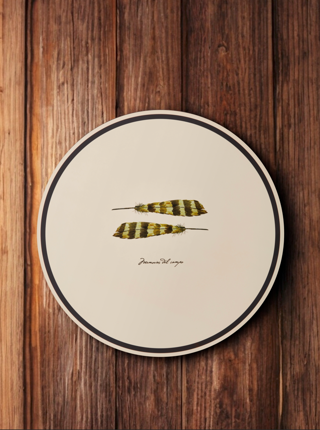 ROUND PLATE WITH OCHER FEATHERS AND STRIPES